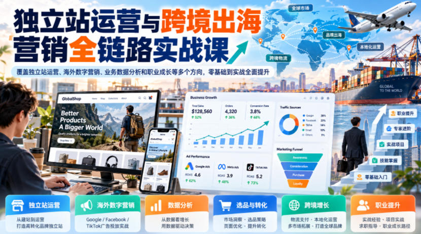 独立站运营与跨境出海营销全链路实战课，覆盖独立站运营、海外数字营销、业务数据分析和职业成长等多个方向，零基础到实战全面提升-MFXUI中国站