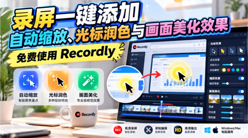 录屏一键添加自动缩放、光标润色与画面美化效果，免费使用Recordly-MFXUI中国站