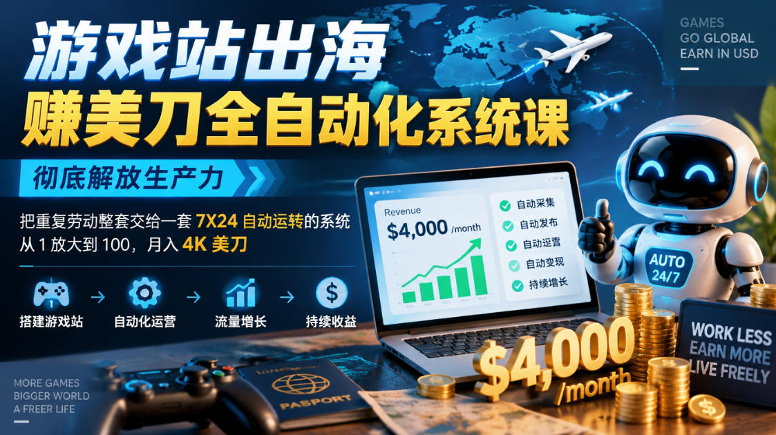 游戏站出海賺美刀全自动化系统课，彻底解放生产力--把重复劳动整套交给一套7X24自动运转的系统，从1放大到100，月入4K美刀-MFXUI中国站