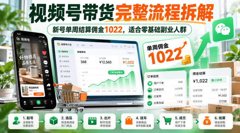 视频号带货完整流程拆解，新号单周结算佣金1022，适合零基础副业人群-MFXUI中国站