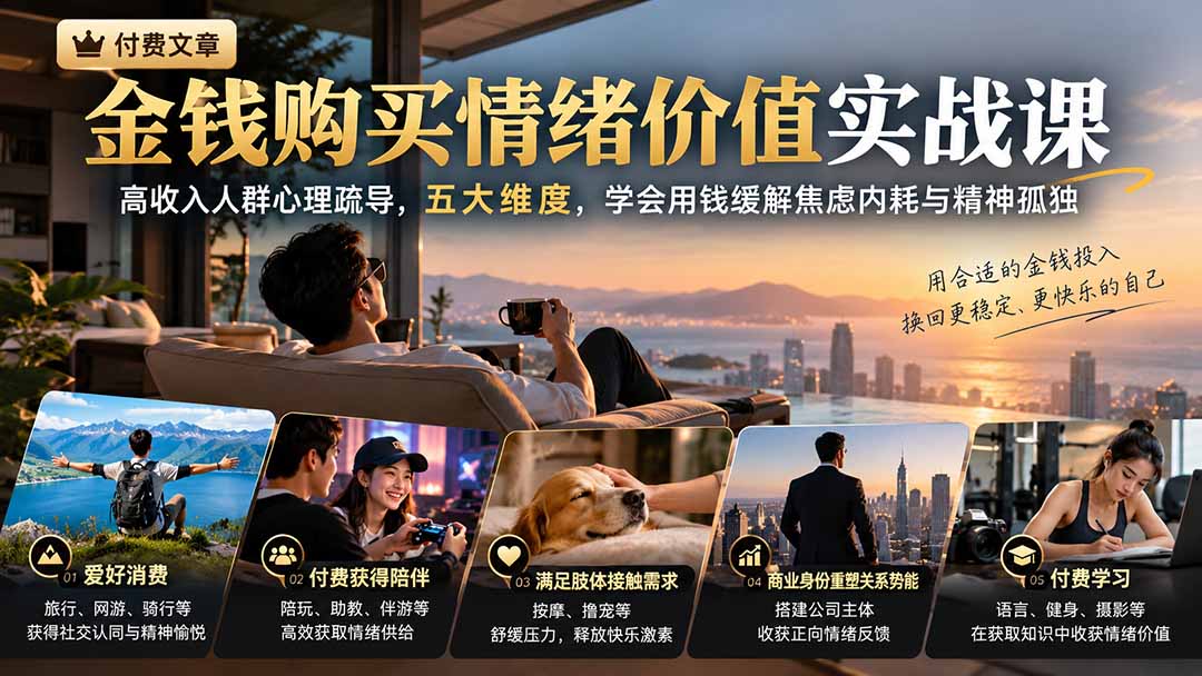 付费文章：金钱购买情绪价值实战课｜高收入人群心理疏导，五大维度，学会用钱缓解焦虑内耗与精神孤独-MFXUI中国站