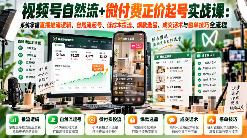 视频号自然流+微付费正价起号实战课：系统掌握直播推流逻辑、自然流起号、低成本投流、爆款选品、成交话术与憋单技巧全流程-MFXUI中国站