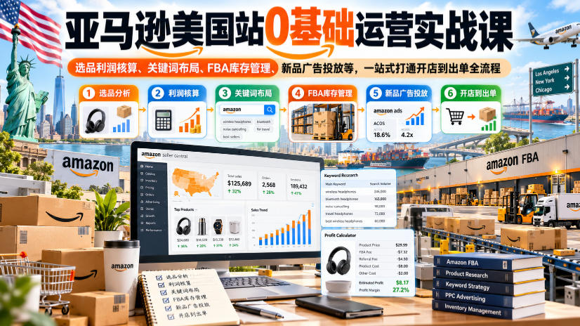 亚马逊美国站0基础运营实战课｜选品利润核算、关键词布局、FBA库存管理、新品广告投放等，一站式打通开店到出单全流程-MFXUI中国站
