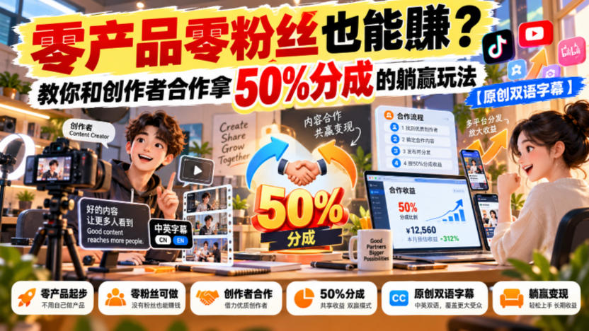【无水印】零产品零粉丝也能賺？教你和创作者合作拿50%分成的躺赢玩法【原创双语字幕】-MFXUI中国站