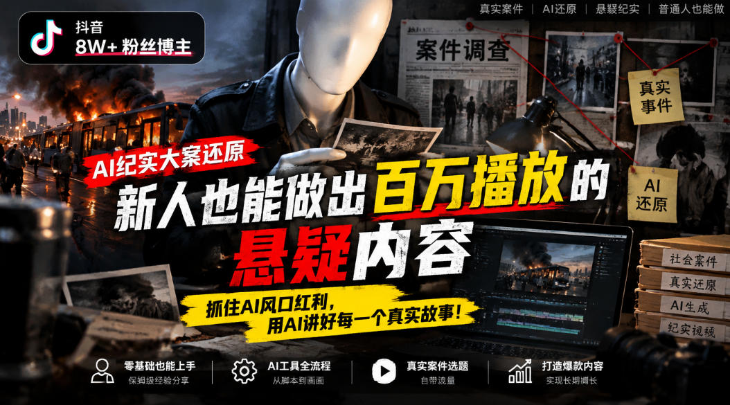抖音8W粉丝博主的AI纪实大案还原教学,新人也能做出百W播放的悬疑内容,抓住AI风口红利,用AI讲好每一个真实故事(更新1014)-MFXUI中国站