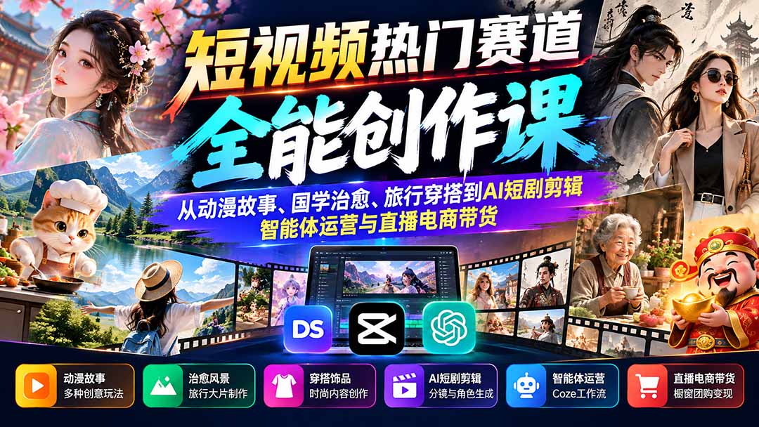 短视频热门赛道全能创作课：从动漫故事、国学治愈、旅行穿搭到AI短剧剪辑、智能体运营与直播电商带货-MFXUI中国站