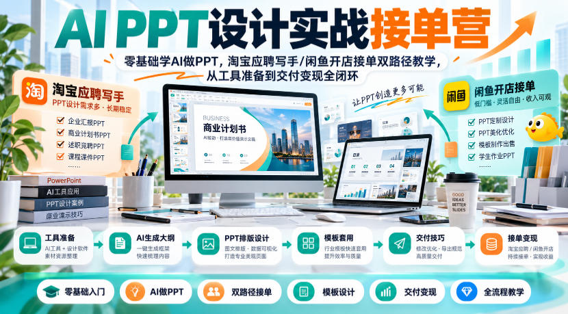 AI PPT设计实战接单营｜零基础学AI做PPT，淘宝应聘写手/闲鱼开店接单双路径教学，从工具准备到交付变现全闭环-MFXUI中国站