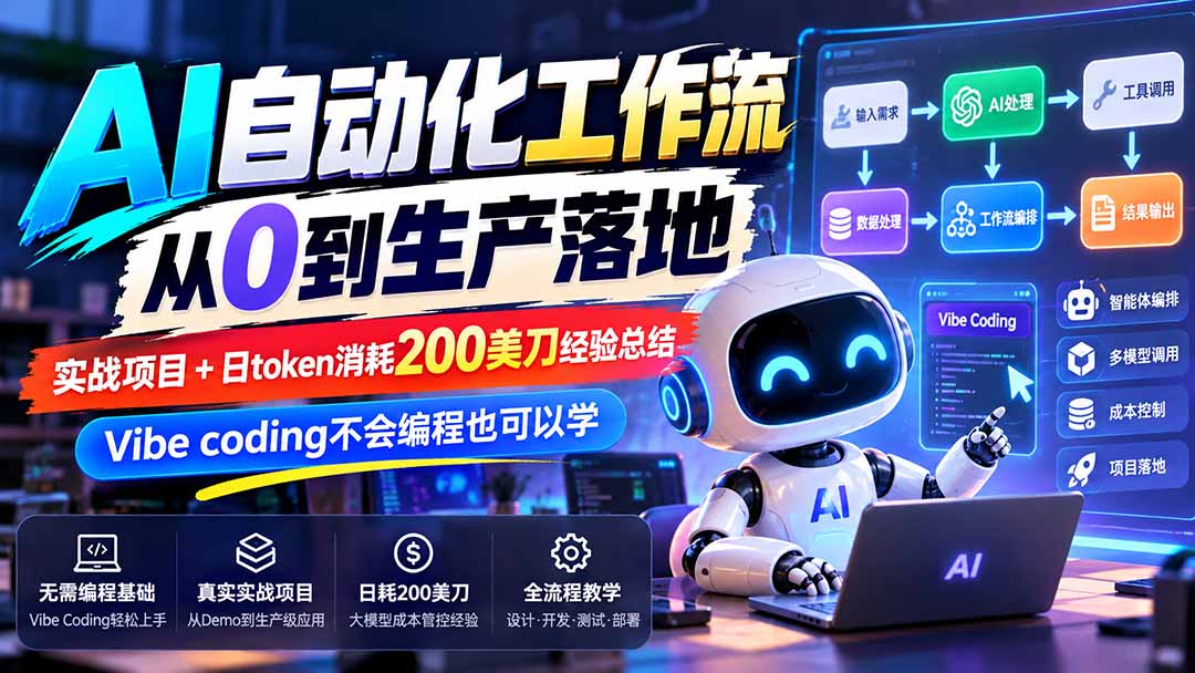 【无水印】AI自动化工作流从0到生产落地,实战项目+日token消耗200美刀经验总结,Vibe coding不会编程也可以学-MFXUI中国站