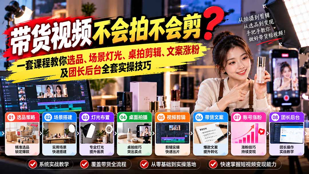 带货视频不会拍不会剪？一套课程教你选品、场景灯光、桌拍剪辑、文案涨粉及团长后台全套实操技巧  复制标题-MFXUI中国站