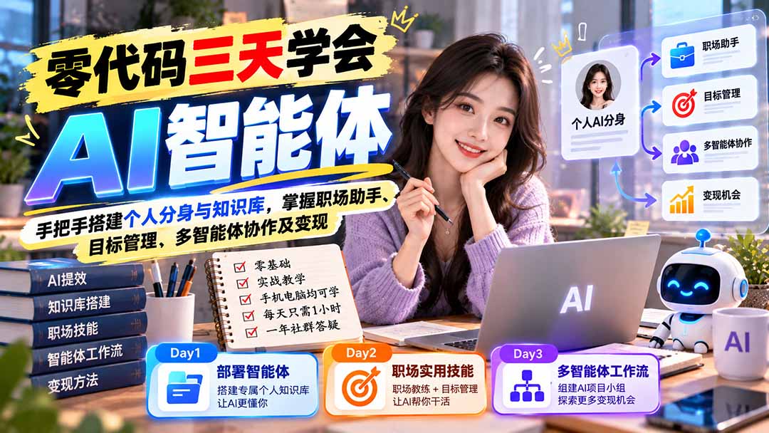 【无水印】零代码三天学会AI智能体：手把手搭建个人分身与知识库，掌握职场助手、目标管理、多智能体协作及变现-MFXUI中国站
