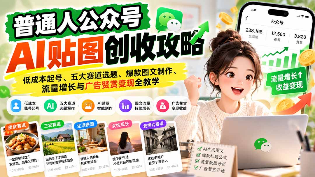 普通人公众号AI贴图创收攻略:低成本起号、五大赛道选题、爆款图文制作、流量增长与广告赞赏变现全教学-MFXUI中国站