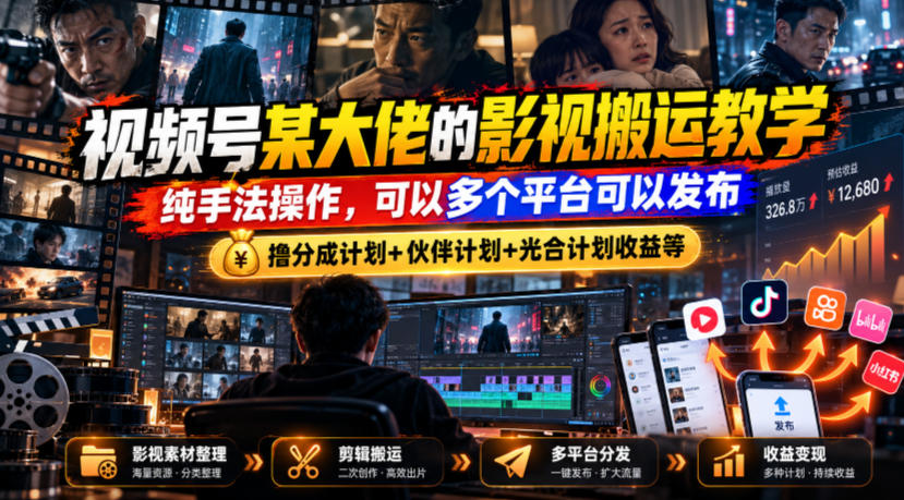 视频号某大佬的影视搬运教学，纯手法操作，可以多个平台可以发布，撸分成计划+伙伴计划+光合计划收益等-MFXUI中国站