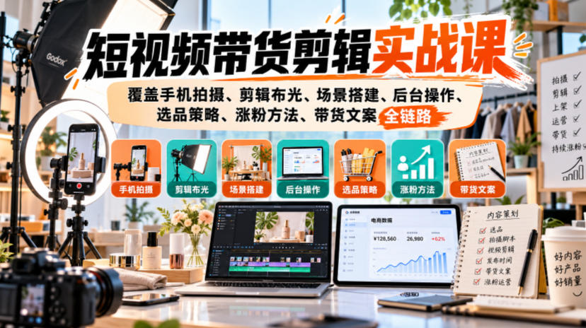短视频带货剪辑实战课，覆盖手机拍摄、剪辑布光、场景搭建、后台操作、选品策略、涨粉方法、带货文案全链路-MFXUI中国站