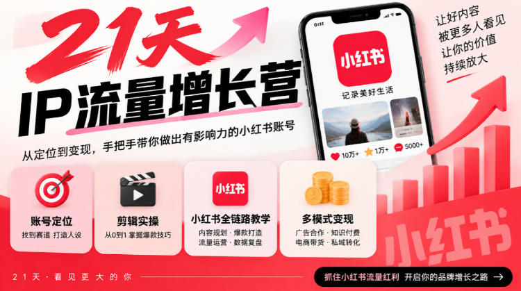 21天IP流量增长营，小红书全链路教学，账号定位剪辑实操，多模式变现系统课-MFXUI中国站
