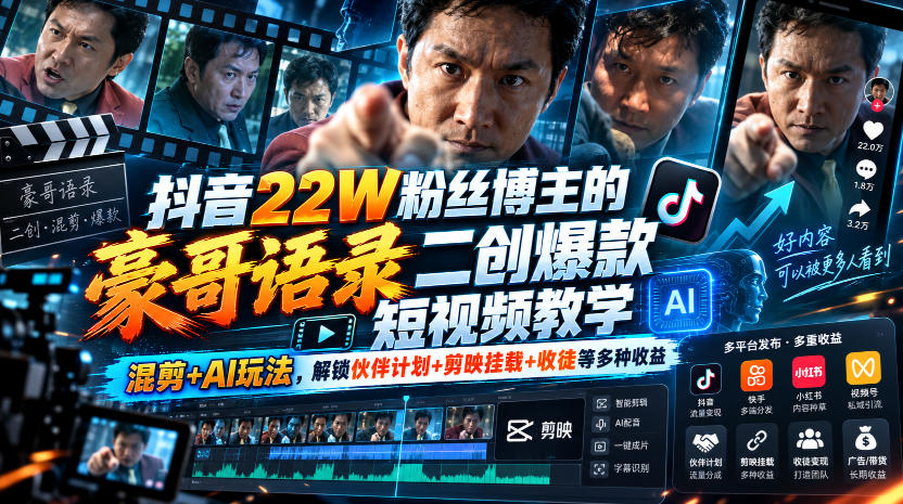 抖音22W粉丝博主的豪哥语录二创爆款短视频教学，混剪+AI玩法，解锁伙伴计划+剪映挂载+收徒等多种收益-MFXUI中国站