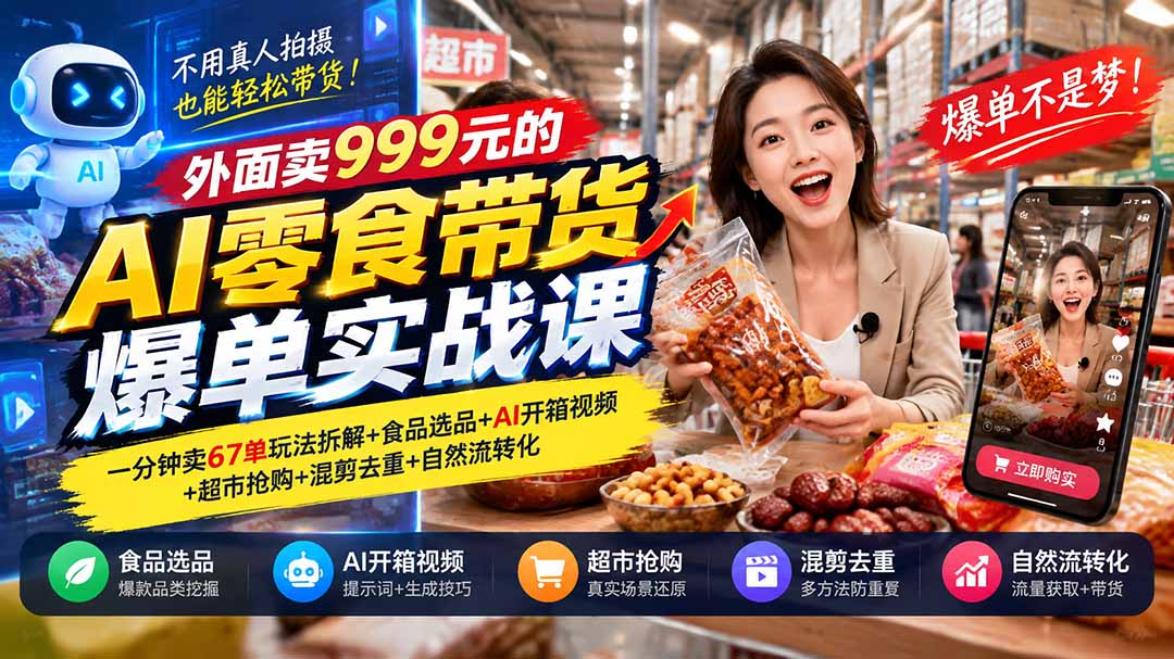 外面卖999元的AI零食带货爆单实战课｜一分钟卖67单玩法拆解+食品选品+AI开箱视频+超市抢购+混剪去重+自然流转化-MFXUI中国站