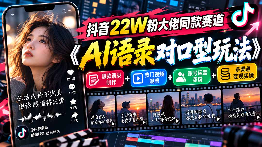 抖音22W粉大佬同款赛道《AI语录对口型玩法》：爆款语录制作+热门视频混剪+账号运营涨粉+多渠道变现实操-MFXUI中国站