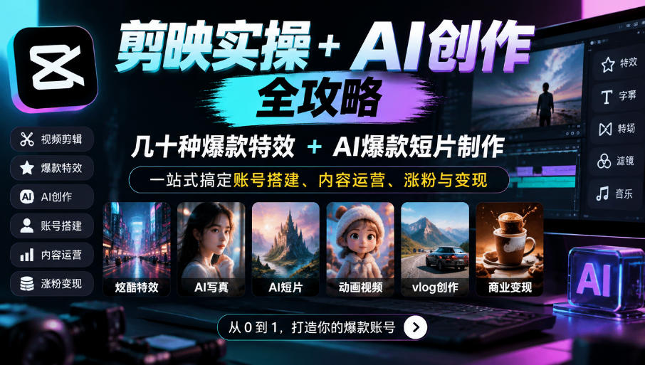 剪映实操+AI创作全攻略|几十种爆款特效+AI爆款短片制作,一站式搞定账号搭建、内容运营、涨粉与变现-MFXUI中国站
