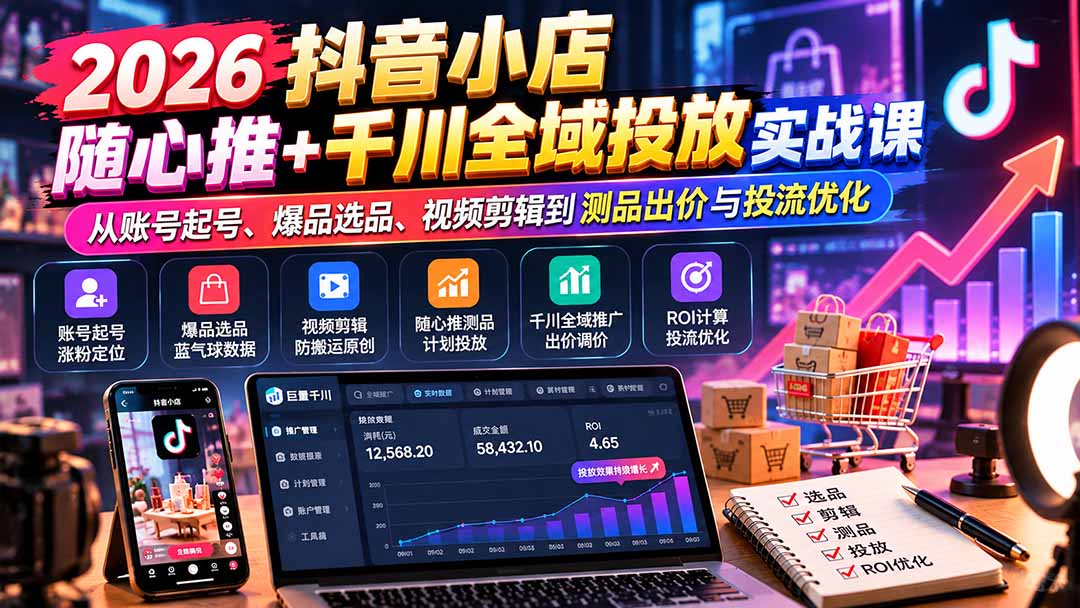 2026抖音小店随心推+千川全域投放实战课：从账号起号、爆品选品、视频剪辑到测品出价与投流优化-MFXUI中国站