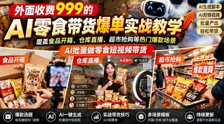 外面收费999的AI零食带货爆单实战教学，覆盖食品开箱、仓库直播、超市抢购等热门爆款场景，AI批量做零食短视频带货-MFXUI中国站