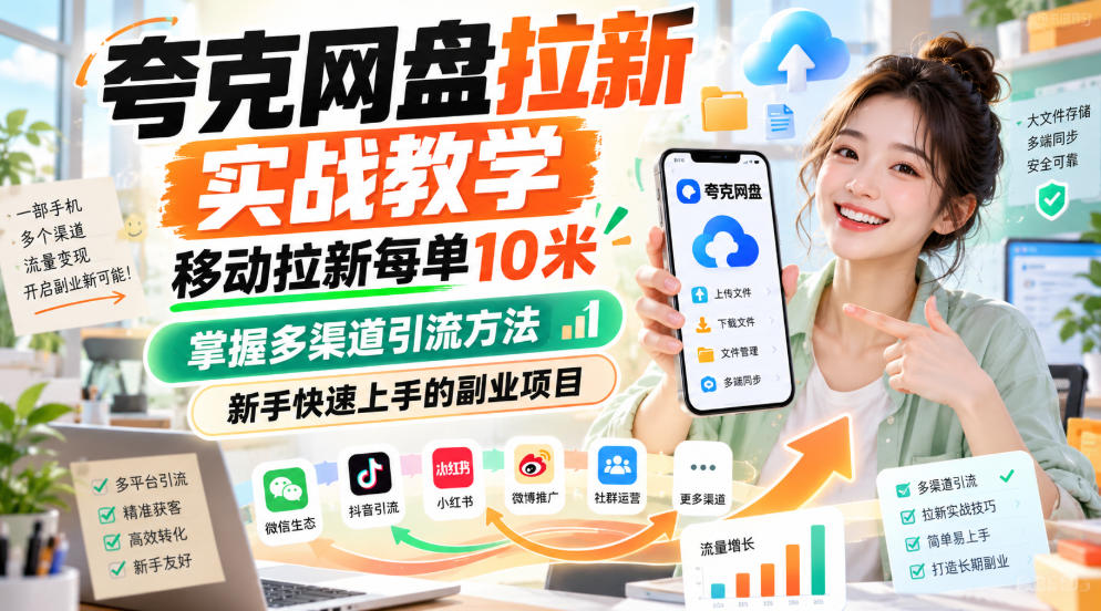 夸克网盘拉新实战教学，移动拉新每单10米，掌握多渠道引流方法，新手快速上手的副业项目(更新1017)-MFXUI中国站