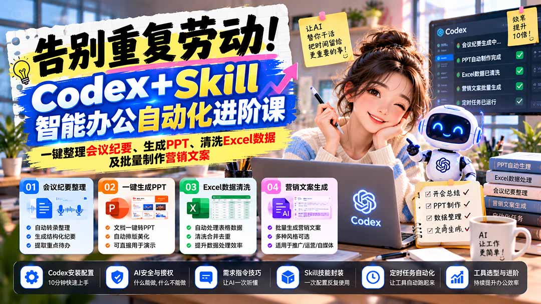 告别重复劳动！Codex+Skill智能办公自动化进阶课：一键整理会议纪要、生成PPT、清洗Excel数据及批量制作营销文案-MFXUI中国站