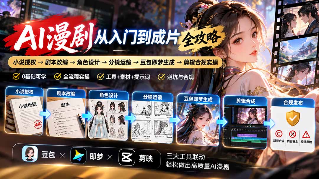 AI漫剧从入门到成片全攻略-更新1017：小说授权→剧本改编→角色设计→分镜运镜→豆包即梦生成→剪辑合规实操-MFXUI中国站