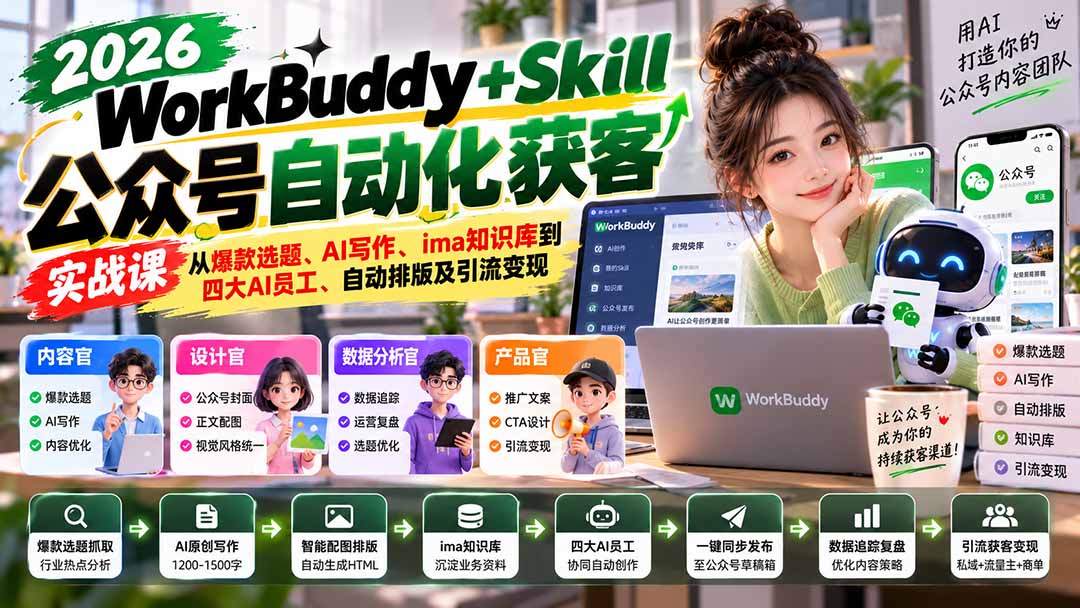 WorkBuddy + Skill公众号自动化获客实战课：从爆款选题、AI写作、ima知识库到四大AI员工、自动排版及引流变现-MFXUI中国站