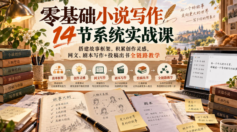 零基础小说写作14节系统实战课，搭建故事框架，积累创作灵感，网文、剧本写作+投稿出书全链路教学-MFXUI中国站