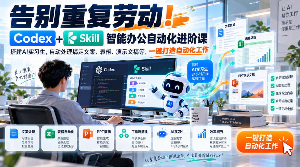 告别重复劳动！Codex+Skill智能办公自动化进阶课｜搭建AI实习生，自动处理搞定文案、表格、演示文稿等，一键打造自动化工作-MFXUI中国站