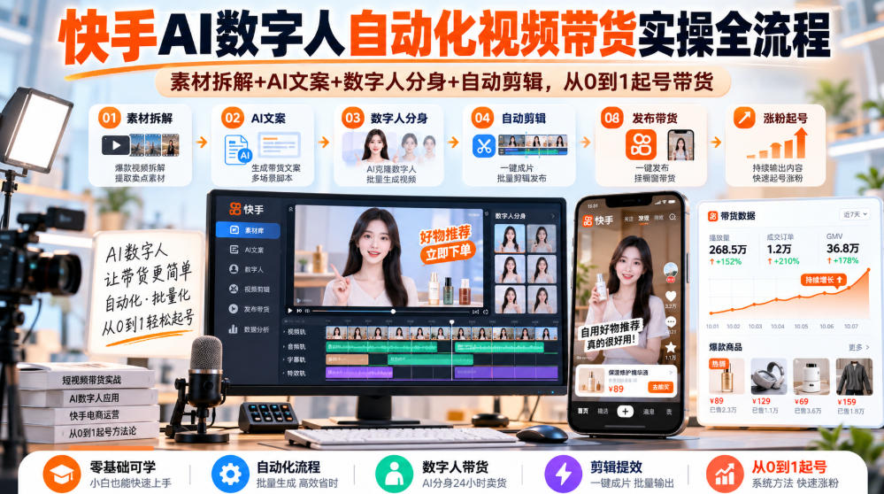 快手AI数字人自动化视频带货实操全流程｜素材拆解+AI文案+数字人分身+自动剪辑，从0到1起号带货(更新26年)-MFXUI中国站