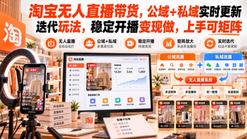 淘宝无人直播带货，公域+私域实时更新迭代玩法，稳定开播变现做，上手可矩阵【揭秘】-MFXUI中国站