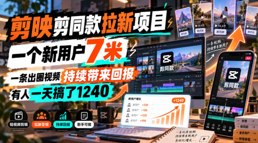 剪映剪同款拉新项目，一个新用户7米，一条出圈视频持续带来回报，有人一天搞了1240-MFXUI中国站