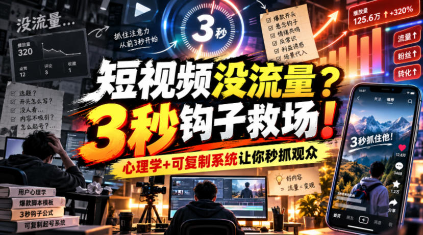 【无水印】短视频没流量？3秒钩子救场！心理学+可复制系统让你秒抓观众【原创双语字幕】-MFXUI中国站