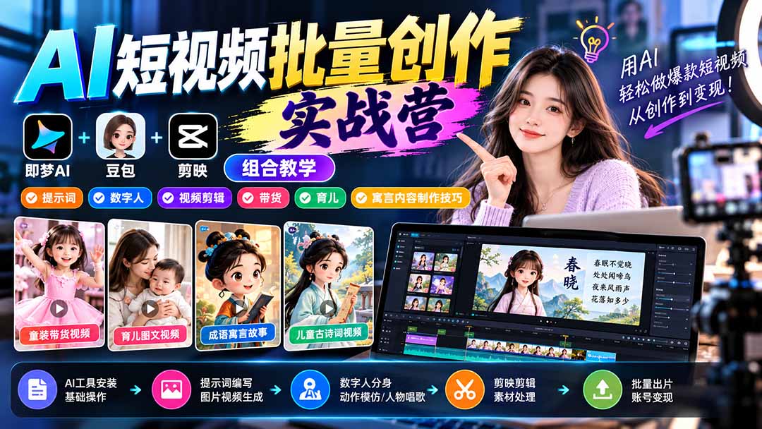 【无水印】AI短视频批量创作实战营：即梦+豆包+剪映组合教学，提示词/数字人/视频剪辑/带货/育儿/寓言内容制作技巧-MFXUI中国站