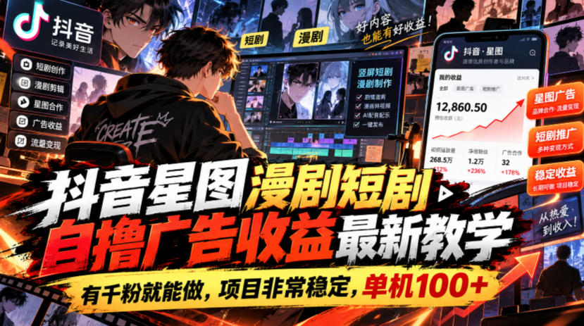 抖音星图漫剧短剧自撸广告收益最新教学，有千粉就能做，项目非常稳定，单机100+-MFXUI中国站