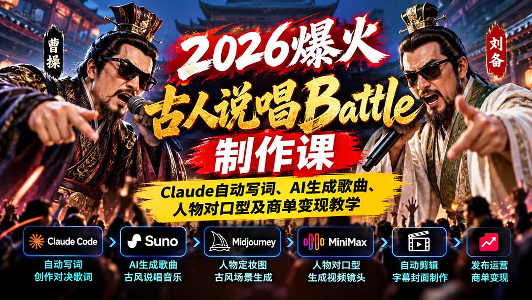 2026爆火古人说唱Battle制作课：Claude自动写词、AI生成歌曲、人物对口型及商单变现教学-MFXUI中国站