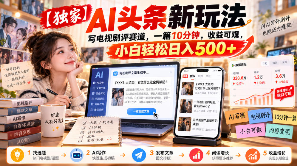【独家】AI头条新玩法，写电视剧评赛道，一篇10分钟，收益可观，小白轻松日入500+-MFXUI中国站