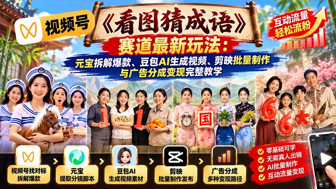 视频号《看图猜成语》赛道最新玩法：元宝拆解爆款、豆包AI生成视频、剪映批量制作与广告分成变现完整教学-MFXUI中国站