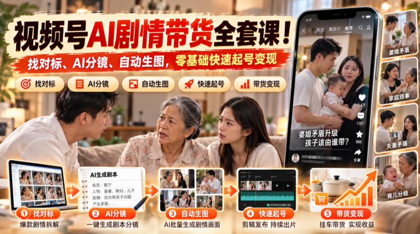视频号AI剧情带货全套课！找对标、AI分镜、自动生图，零基础快速起号变现-MFXUI中国站