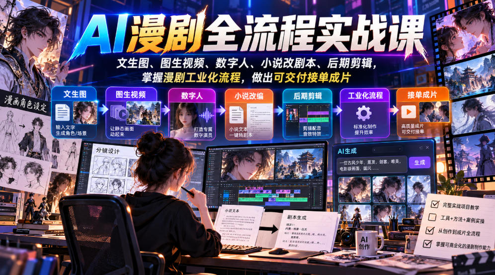 AI漫剧全流程实战课，文生图、图生视频、数字人、小说改剧本、后期剪辑，掌握漫剧工业化流程，做出可交付接单成片-MFXUI中国站