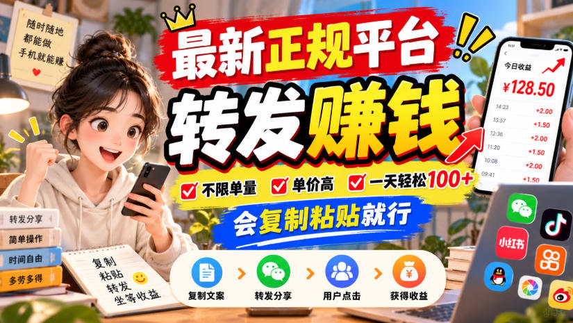 最新正规平台，转发賺钱，不限单量，单价高，一天轻松100+，会复制粘贴就行【揭秘】-MFXUI中国站