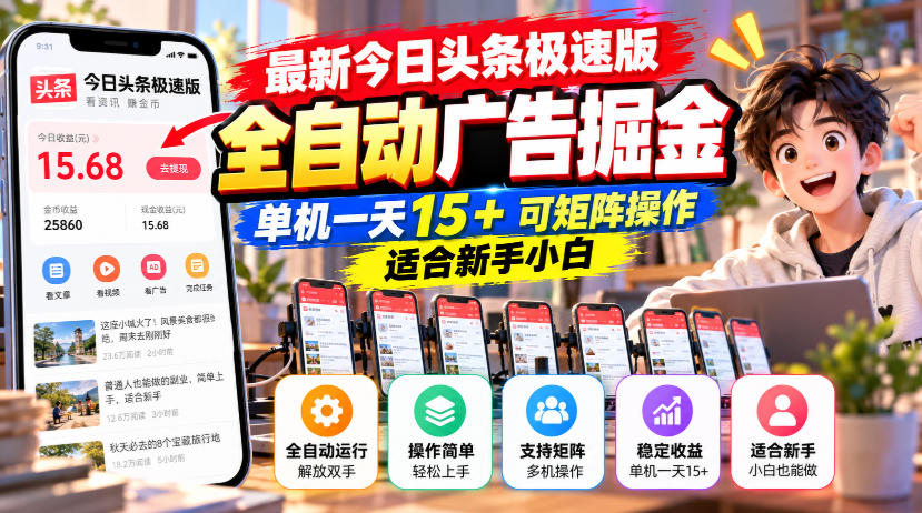 最新今日头条极速版全自动广告掘金，单机一天15+可矩阵操作适合新手小白-MFXUI中国站