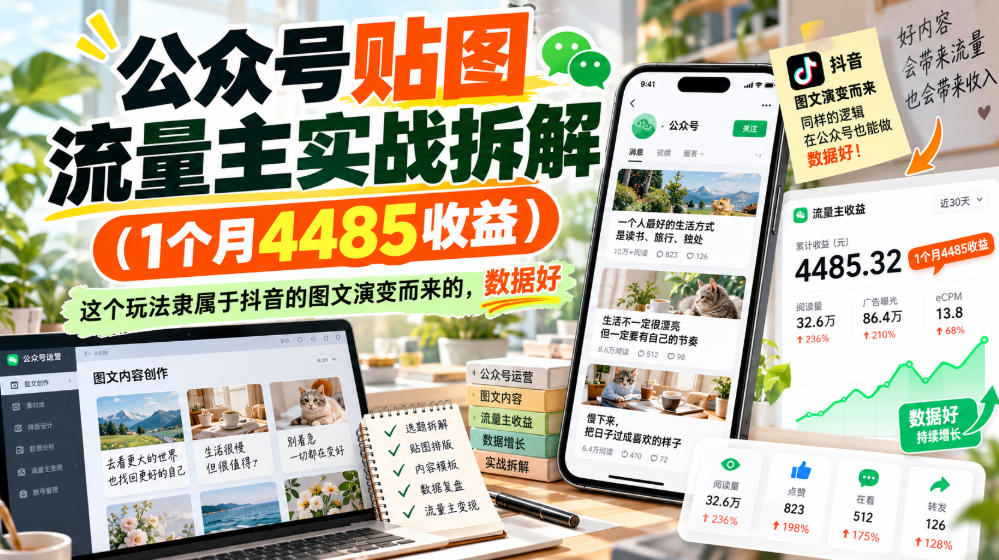公众号贴图流量主实战拆解(1个月4485收益)，这个玩法隶属于抖音的图文演变而来的，数据好-MFXUI中国站