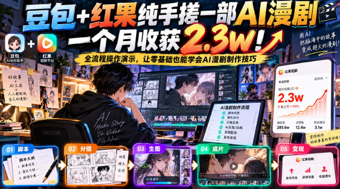 豆包+红果纯手搓一部AI漫剧一个月收获2.3w！全流程操作演示，让零基础也能学会AI漫剧制作技巧-MFXUI中国站