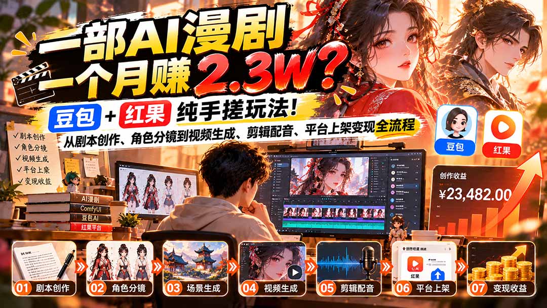 一部AI漫剧一个月赚2.3W？豆包+红果纯手搓玩法！从剧本创作、角色分镜到视频生成、剪辑配音、平台上架变现全流程-MFXUI中国站