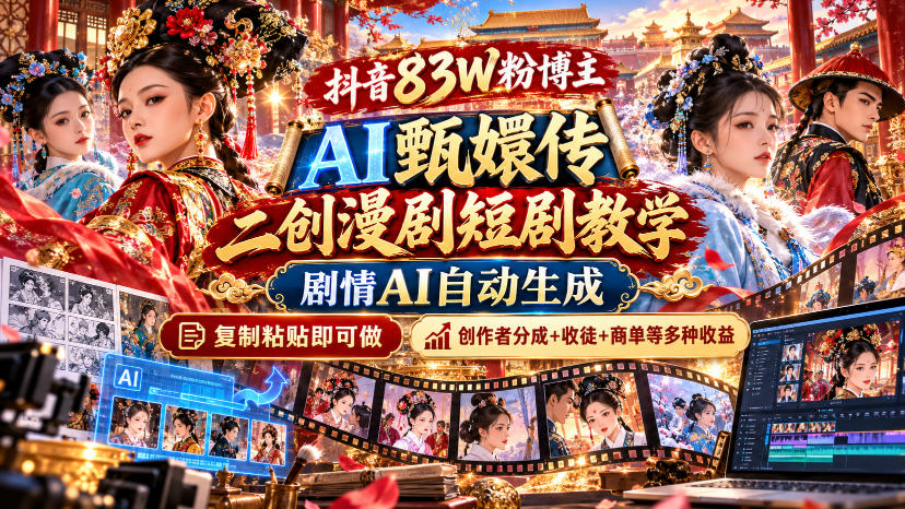 抖音83W粉博主AI甄嬛传二创漫剧短剧教学｜剧情AI自动生成，复制粘贴即可做，各大平台创作者分成+收徒等多种收益-MFXUI中国站