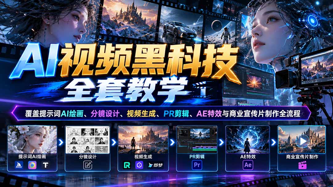 AI视频黑科技全套教学：覆盖提示词AI绘画、分镜设计、视频生成、PR剪辑、AE特效与商业宣传片制作全流程-MFXUI中国站