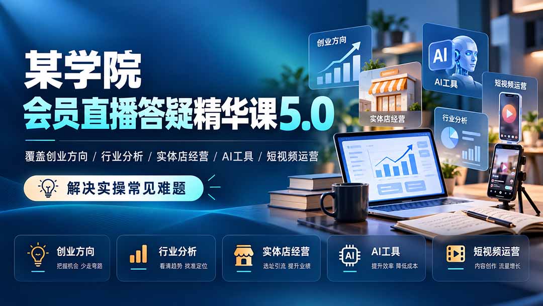 某学院会员直播答疑精华课5.0：覆盖创业方向、行业分析、实体店经营、AI工具和短视频运营，解决实操常见难题！-MFXUI中国站