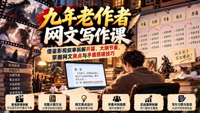 九年老作者网文写作课：借鉴影视叙事拆解开篇、大纲节奏，掌握网文爽点与矛盾搭建技巧-MFXUI中国站